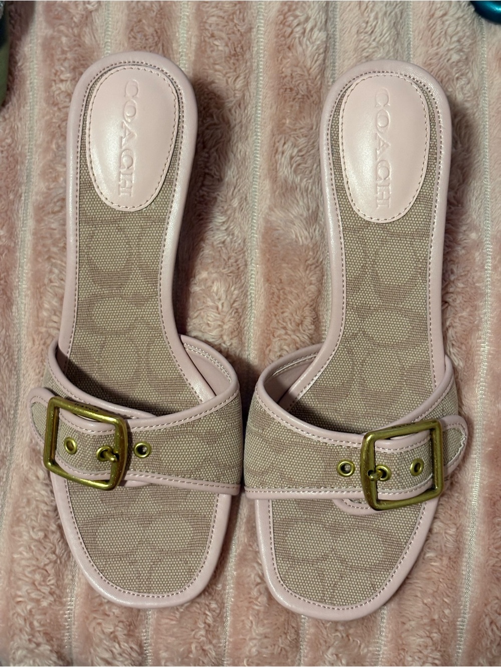 COACH Pink and Beige Buckle Slide Mules